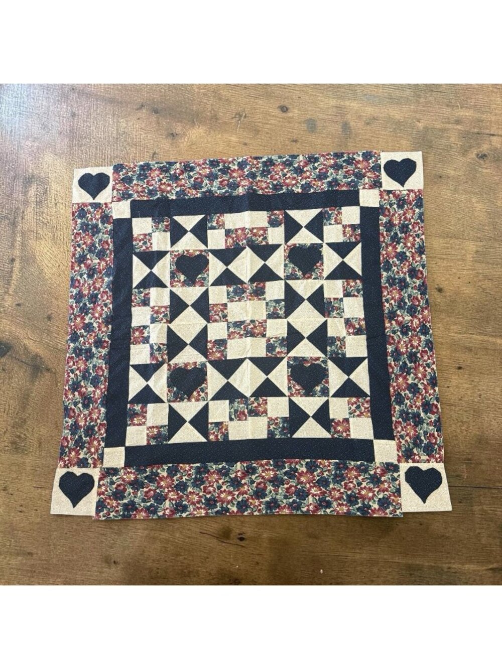Quilt Piece Vintage Blue White Hearts Triangles 24” Square Center Handmade